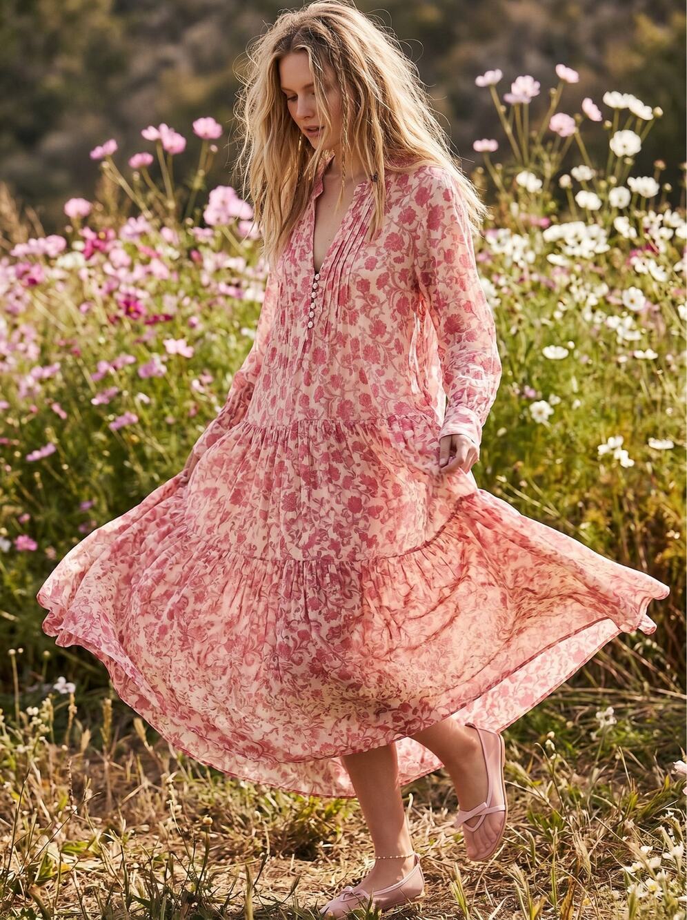 Free People Dainty Ethereal See It Through Maxi Dress Pink Rose Floral Large
